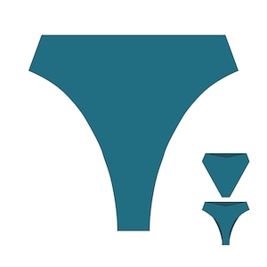May include: Teal blue underwear with a high-cut leg and a low rise. The underwear has a simple design.