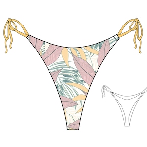Puede incluir: Un bikini blanco con estampado de hojas tropicales en tonos rosa, verde y amarillo. El bikini tiene lazos ajustables a cada lado.