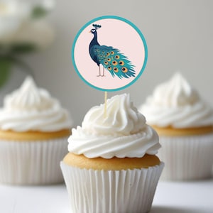 Peacock Cupcake Toppers: Bird Party Decorations (Digital Download)