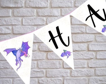 May include: A white triangle banner with the letters "Happy" in black. The banner has a purple dragon with pink accents and glitter on it.