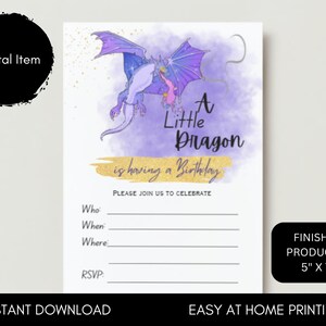PRINTABLE Dragon Birthday Invitation Girl Party Download Instant ...
