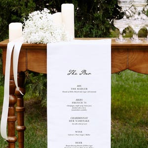 Bannière de menu en tissu pour bar de mariage, enseigne de cocktail personnalisée pour réception en plein air, décoration de menu de boissons vintage, présentoir de table de mariage élégant