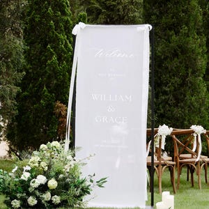 Sheer Wedding Welcome Sign, Gauze Banner for Outdoor Ceremony, Forest Wedding Decor, Boho Garden Wedding Backdrop Custom