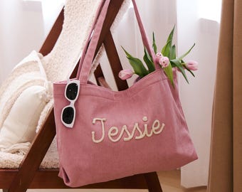 Embroidered Corduroy Bag,Bridesmaid Gift, Travel Weekender, Everyday Tote,Eid Gift,Custom Gift Bag, Mother’s Day Gift, Holiday Gift