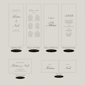 May include: A matching wedding collection set featuring a welcome sign, seating chart, table sign, bar sign, invitation card, and chair signs. Each piece displays black serif and script typography on a light beige background with wedding details.