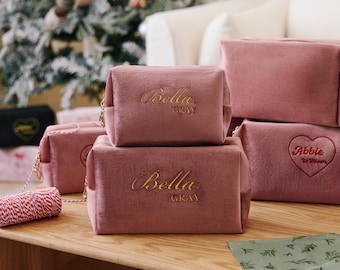 Velvet Makeup Bag | Custom Name Personalized Pouch, Gift for her, Bridesmaid Gift, Travel Toiletry Bag, Monogram Cosmetic Bag