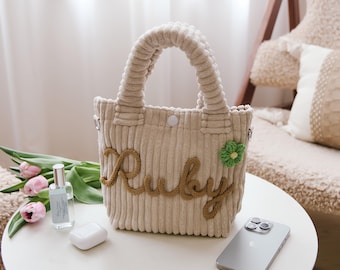Personalized Name Tote Bag, Custom Corduroy Handbag for Women, Everyday Shoulder Bag, Custom Gift for Her, Aesthetic Tote, Christmas Gift