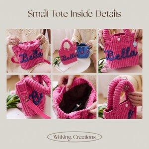 May include: Pink corduroy tote bags with the name "Bella" embroidered in blue. The bags have a top handle and a detachable shoulder strap. The image shows details of the bag's interior and exterior.