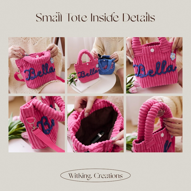 May include: Pink corduroy tote bags with the name "Bella" embroidered in blue. The bags have a top handle and a detachable shoulder strap. The image shows details of the bag's interior and exterior.