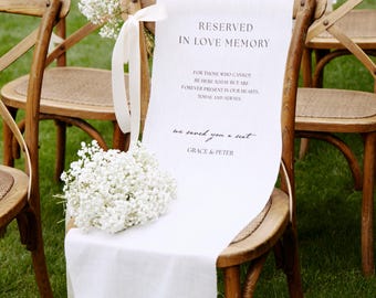 Loving Memory Wedding Sign, White Linen Memorial Chair Banner, In Memory of Loved Ones, Wedding Aisle Sign, Remembrance Ceremony Decor