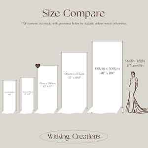 May include: A size comparison chart for banners featuring five rectangular outlines with dimensions: customized, 50cm x 150cm (20" x 60"), 75cm x 200cm (30" x 79"), 90cm x 255cm (35" x 100"), and 100cm x 300cm (40" x 118"). Includes a silhouette of a person 175cm/69in tall and the text Witking. Creations.