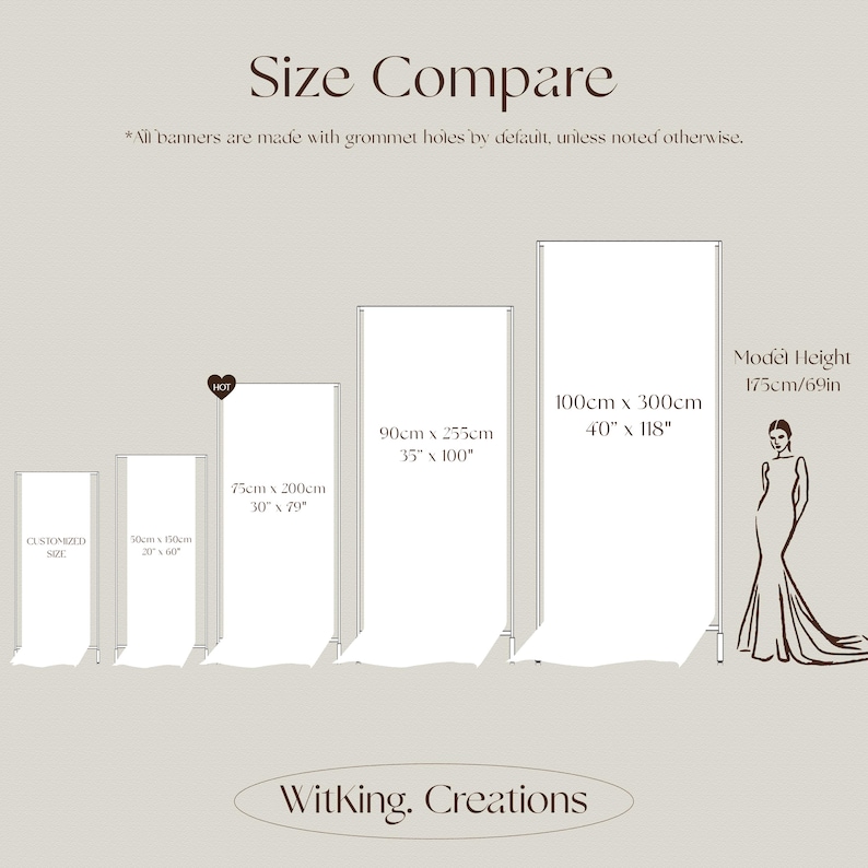 May include: A size comparison chart for banners featuring five rectangular outlines with dimensions: customized, 50cm x 150cm (20" x 60"), 75cm x 200cm (30" x 79"), 90cm x 255cm (35" x 100"), and 100cm x 300cm (40" x 118"). Includes a silhouette of a person 175cm/69in tall and the text Witking. Creations.
