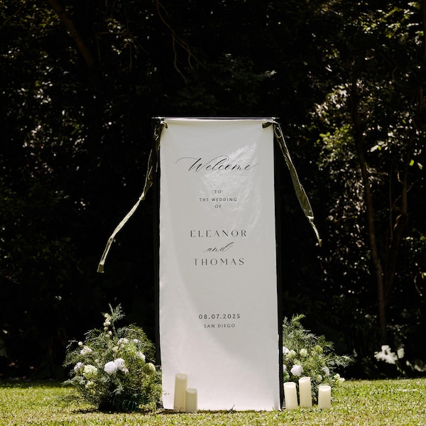Benutzerdefinierte Hochzeit Stoff Zeichen, Leinen Hochzeit Willkommensschild, moderne Hochzeit im Freien Banner, personalisierte Hochzeitsdekoration, Verlobungsfeier Zeichen