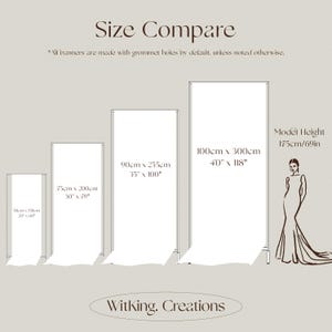 May include: A size comparison chart for banners, showing four different sizes: 20" x 60", 30" x 79", 35" x 100", and 40" x 118". The image includes a model height of 69 inches and the text "Witking. Creations".