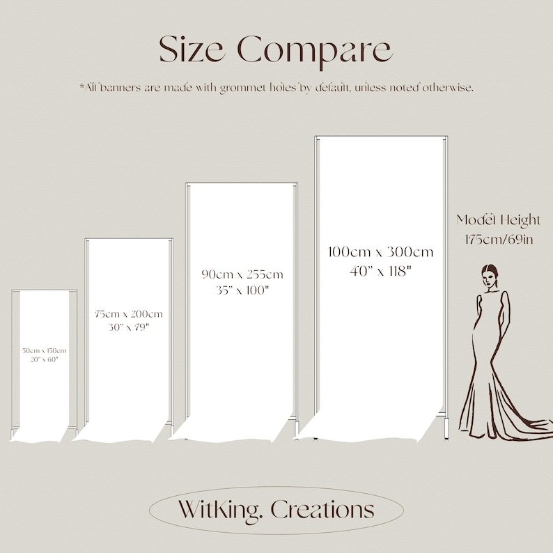 May include: A size comparison chart for banners, showing four different sizes: 20" x 60", 30" x 79", 35" x 100", and 40" x 118". The image includes a model height of 69 inches and the text "Witking. Creations".