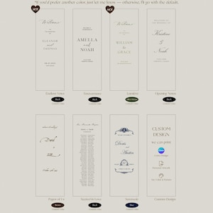 May include: A digital display titled Design Options showing eight vertical wedding sign templates with various typography and layouts. The styles include Endless Vows, Forevermore, Lumi&egrave;re, Opening Notes, Pages of Us, Seated in Love, Serenade, and Custom Design.