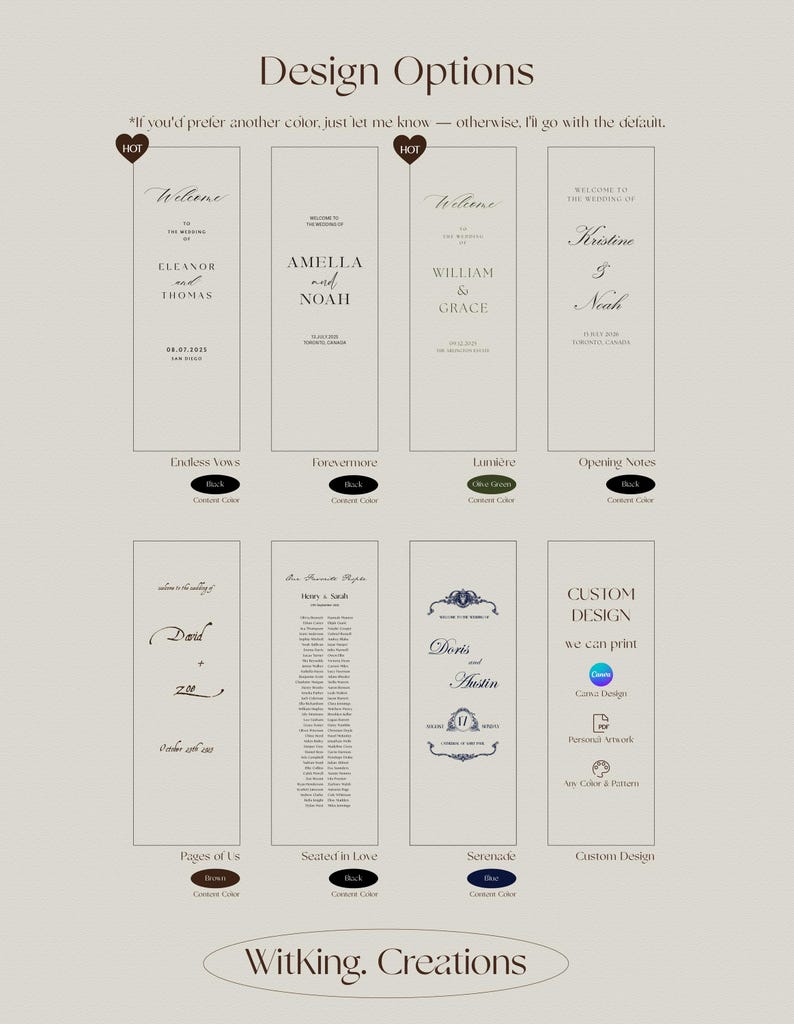 May include: A digital display titled Design Options showing eight vertical wedding sign templates with various typography and layouts. The styles include Endless Vows, Forevermore, Lumi&egrave;re, Opening Notes, Pages of Us, Seated in Love, Serenade, and Custom Design.