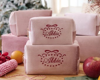 Velvet Makeup Bag, Custom Name Personalized Pouch, Christmas Gift, Bridesmaid Gift, Travel Toiletry Bag, Monogram Cosmetic Bag