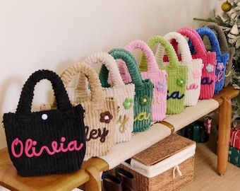Personalized Corduroy Tote Bag – Custom Kids & Adults Handbag, Custom Name Shoulder Bag, Everyday Use, Baby Shower Gift, Bridesmaid Gift