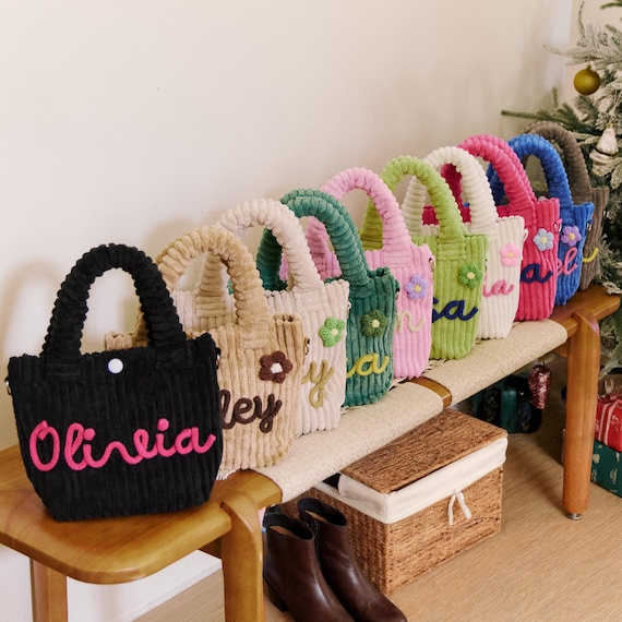 Personalized Corduroy Tote Bag – Custom Kids & Adults Handbag, Custom Name Shoulder Bag, Everyday Use, Baby Shower Gift, Bridesmaid Gift