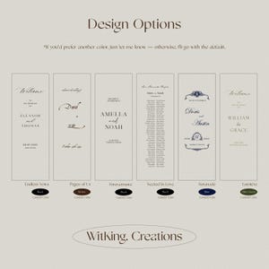 May include: A design options graphic with six wedding sign examples. Each sign features names, dates, and decorative elements. The bottom of the graphic displays the text "Witking. Creations".