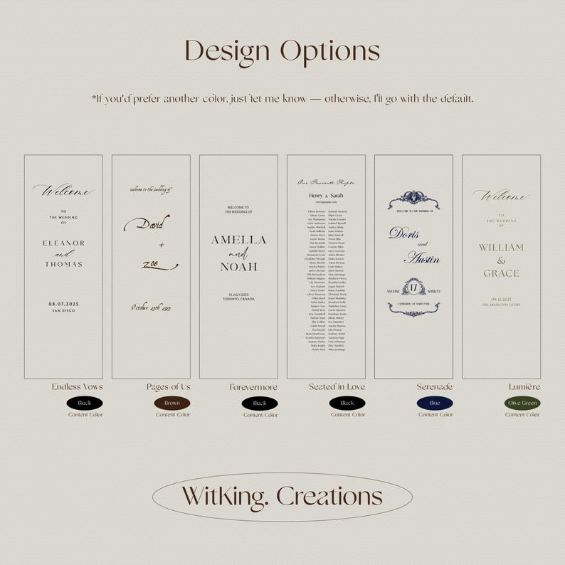 May include: A design options graphic with six wedding sign examples. Each sign features names, dates, and decorative elements. The bottom of the graphic displays the text "Witking. Creations".