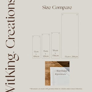 May include: A size comparison chart for banners labeled WitKing Creations, showing four rectangular outlines with dimensions 35cm x 100cm, 35cm x 120cm, 50cm x 150cm, and 75cm x 200cm. Includes a small inset photo showing rod pocket and grommet details.