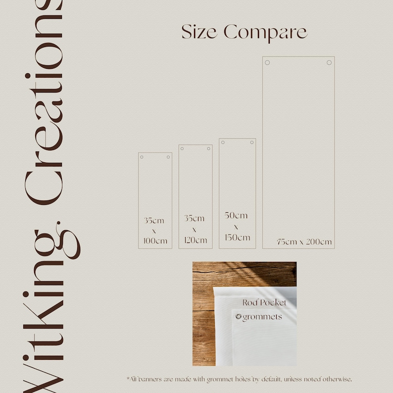 May include: A size comparison chart for banners labeled WitKing Creations, showing four rectangular outlines with dimensions 35cm x 100cm, 35cm x 120cm, 50cm x 150cm, and 75cm x 200cm. Includes a small inset photo showing rod pocket and grommet details.
