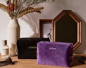 Trousse de maquillage avec nom personnalisé, Trousse de maquillage en velours, Cadeau pour elle, Cadeau de mariage, Cadeaux personnalisés de demoiselle d'honneur, Trousse de toilette de voyage, Cadeau de fête des mères