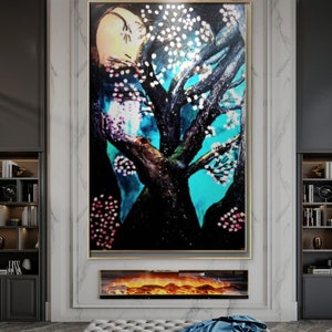Blauwe tuin schilderdoek Blauwe tuin Natuur Kersenbloesem Bloemen Bloemen Turquoise Turquoise