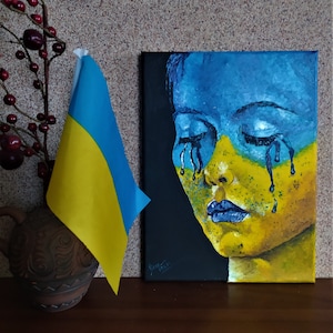 Pintura ucraniana, niña ucraniana, pintura acrílica, imagen patriótica, arte de pared, imagen para regalo, imagen azul y amarilla, retrato,