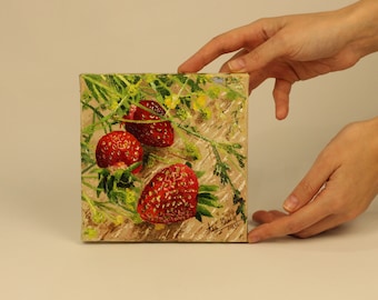 Strawberry Oil Painting: Small Realistic Fruit Art