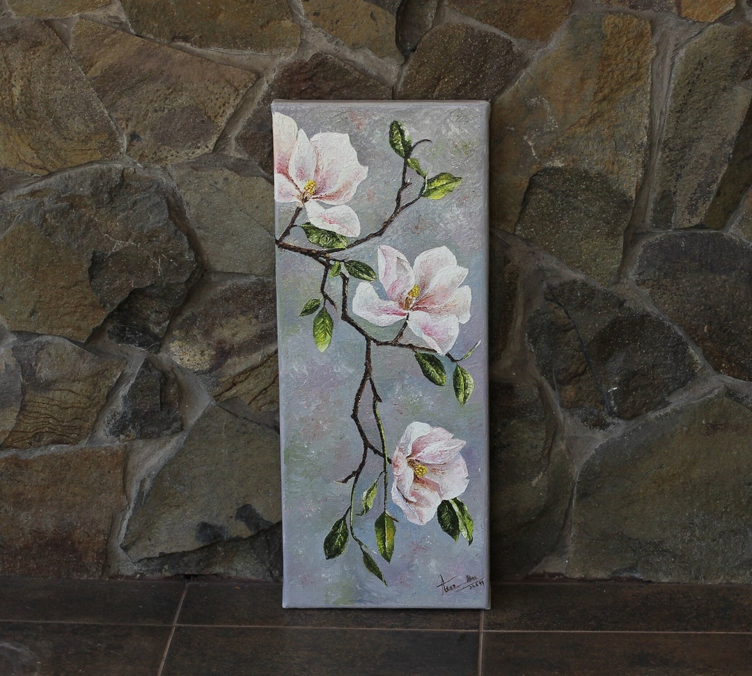 Magnolia Oil Painting on Canvas, Floral Wall Art (19.68x7.87 In) - Etsy