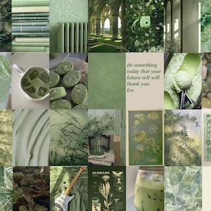 May include: A collage of green images, including plants, nature scenes, food, and text. The text includes the phrases "do something today that your future self will thank you for." and "grow your mind."