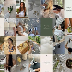 Könnte beinhalten: Eine Collage von Bildern, die einen Wellness-Lifestyle zeigen. Die Bilder zeigen eine Person, die einen grünen Smoothie trinkt, eine Person, die meditiert, eine Person, die trainiert und eine Person, die ein Bad nimmt. Der Text "In my wellness era" und "Upgrade your life in silence" ist ebenfalls in der Collage enthalten.