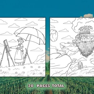 May include: Black and white coloring book pages featuring a woman painting under an umbrella and a floating island with a building on top. The text "20 PAGES TOTAL" is at the bottom of the image.