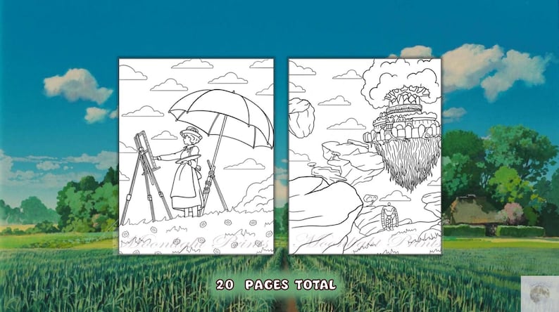 May include: Black and white coloring book pages featuring a woman painting under an umbrella and a floating island with a building on top. The text "20 PAGES TOTAL" is at the bottom of the image.