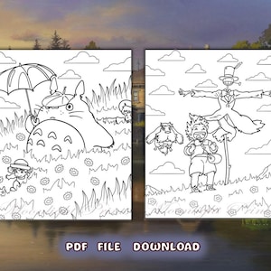 May include: Two black and white coloring pages featuring characters from the animated film, My Neighbor Totoro. The first page shows Totoro holding an umbrella with a small girl walking behind him. The second page shows a scarecrow with a girl and a small dog standing in front of him.