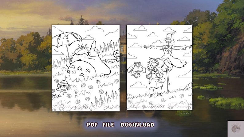 May include: Two black and white coloring pages featuring characters from the animated film, My Neighbor Totoro. The first page shows Totoro holding an umbrella with a small girl walking behind him. The second page shows a scarecrow with a girl and a small dog standing in front of him.