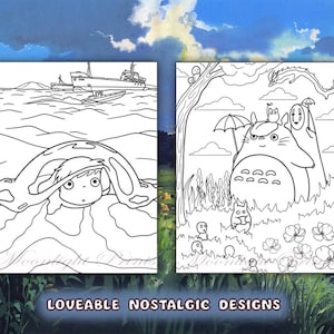May include: Black and white line art coloring pages featuring characters from the animated film My Neighbor Totoro. The pages include Totoro, a young girl, and a cat-like creature. The text "Loveable Nostalgic Designs" is at the bottom of the image.