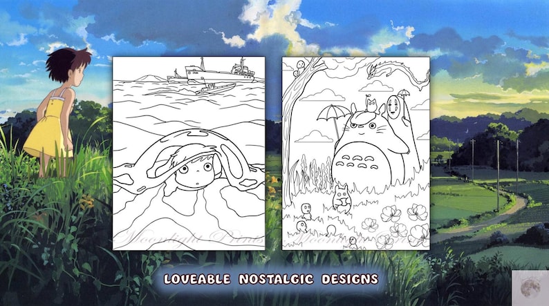 May include: Black and white line art coloring pages featuring characters from the animated film My Neighbor Totoro. The pages include Totoro, a young girl, and a cat-like creature. The text "Loveable Nostalgic Designs" is at the bottom of the image.