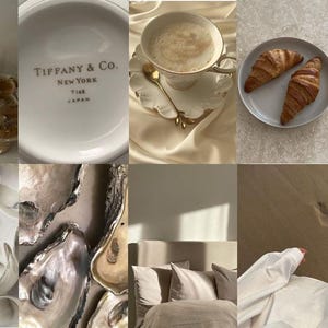 May include: A collage of images in a neutral color palette featuring coffee, pastries, and other lifestyle items. The images include a cup of coffee, a plate of croissants, a candle, and a plate with the Tiffany & Co. logo.