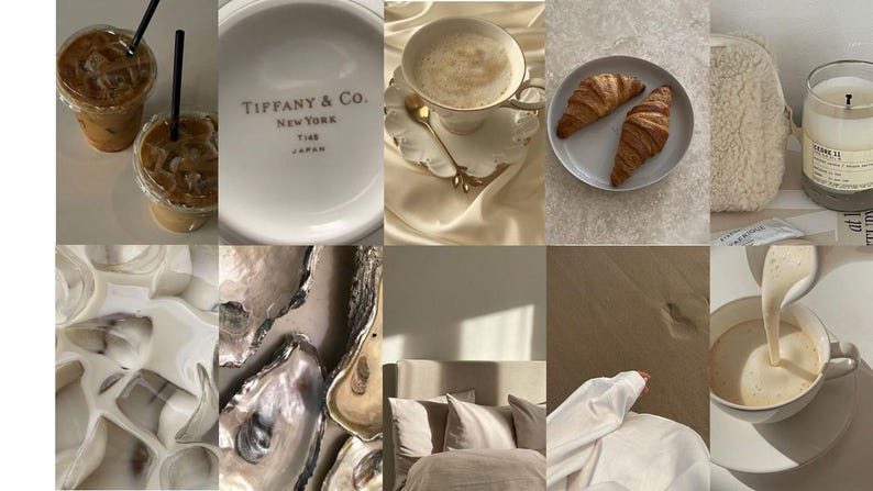 May include: A collage of images in a neutral color palette featuring coffee, pastries, and other lifestyle items. The images include a cup of coffee, a plate of croissants, a candle, and a plate with the Tiffany & Co. logo.