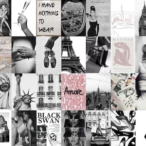 May include: A collage of black and white images with pops of color. The images include fashion, travel, and art themes. Notable elements include the Eiffel Tower, Audrey Hepburn, ballet shoes, and the text "I HAVE NOTHING TO WEAR."