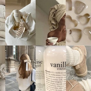 May include: A collage of images in a neutral color palette featuring a stack of white sweaters, a bottle of vanilla coconut body wash, a woman with a towel on her head, a bowl of ice cream, a pair of white and brown slippers, and a book with a quote about second chances.