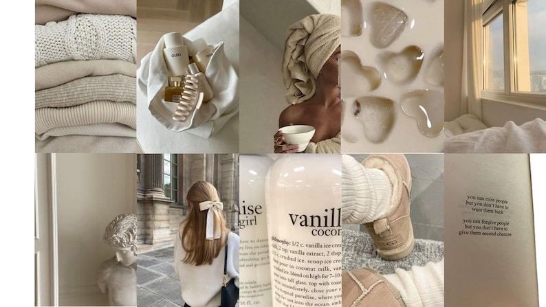 May include: A collage of images in a neutral color palette featuring a stack of white sweaters, a bottle of vanilla coconut body wash, a woman with a towel on her head, a bowl of ice cream, a pair of white and brown slippers, and a book with a quote about second chances.