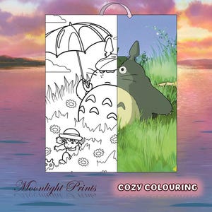 May include: A coloring page featuring a black and white outline of a character from the movie My Neighbor Totoro, holding an umbrella. The right side of the page shows a colored version of the character, with a blue sky and green grass in the background. The text "Moonlight Prints" and "Cozy Colouring" is at the bottom of the page.