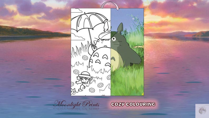May include: A coloring page featuring a black and white outline of a character from the movie My Neighbor Totoro, holding an umbrella. The right side of the page shows a colored version of the character, with a blue sky and green grass in the background. The text "Moonlight Prints" and "Cozy Colouring" is at the bottom of the page.
