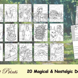 May include: A set of 20 black and white coloring pages featuring characters and scenes from the animated film, "My Neighbor Totoro". The pages are arranged in a grid pattern and include images of Totoro, the Catbus, and other characters from the film.