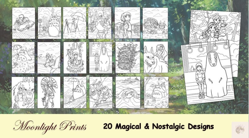 May include: A set of 20 black and white coloring pages featuring characters and scenes from the animated film, "My Neighbor Totoro". The pages are arranged in a grid pattern and include images of Totoro, the Catbus, and other characters from the film.